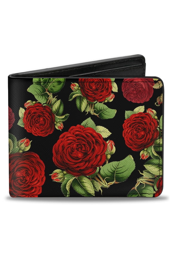 Wallet, Bifold, Red Rose Blooms Buds Black, Vegan Leather