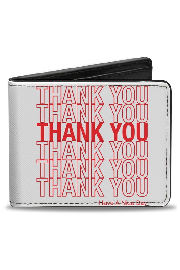 Wallet, Bifold, Thank You Have a Nice Day Bag Print White Red, Vegan Leather