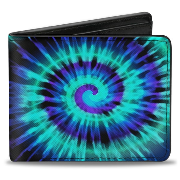 Buckle-Down Wallet, Bifold, Tie Dye Spiral Blues Purples, Vegan Leather