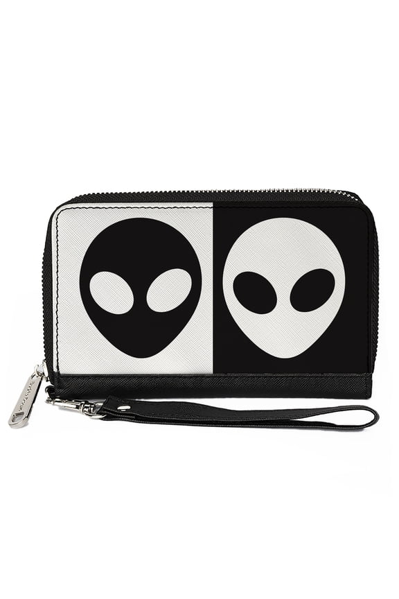 Wallet, Zip Around, Alien Head Blocks Black White, Vegan Leather
