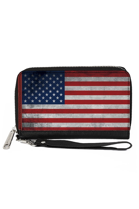 Wallet, Zip Around, American Flag Distressed, Vegan Leather