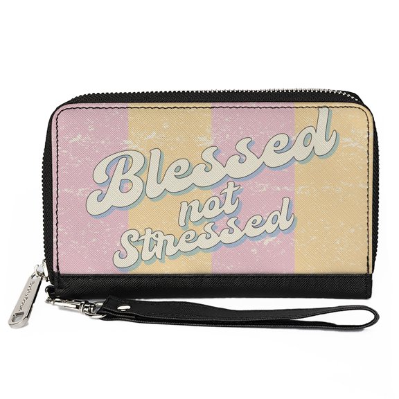 Buckle-Down Wallet, Zip Around, Blessed not Stressed Quote Stripe Orange Pink White, Vegan Leather