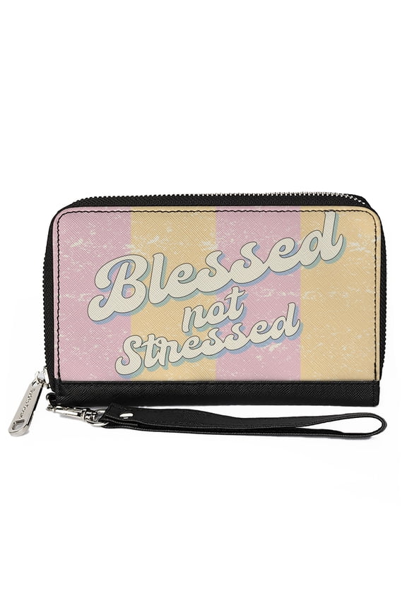 Wallet, Zip Around, Blessed not Stressed Quote Stripe Orange Pink White, Vegan Leather