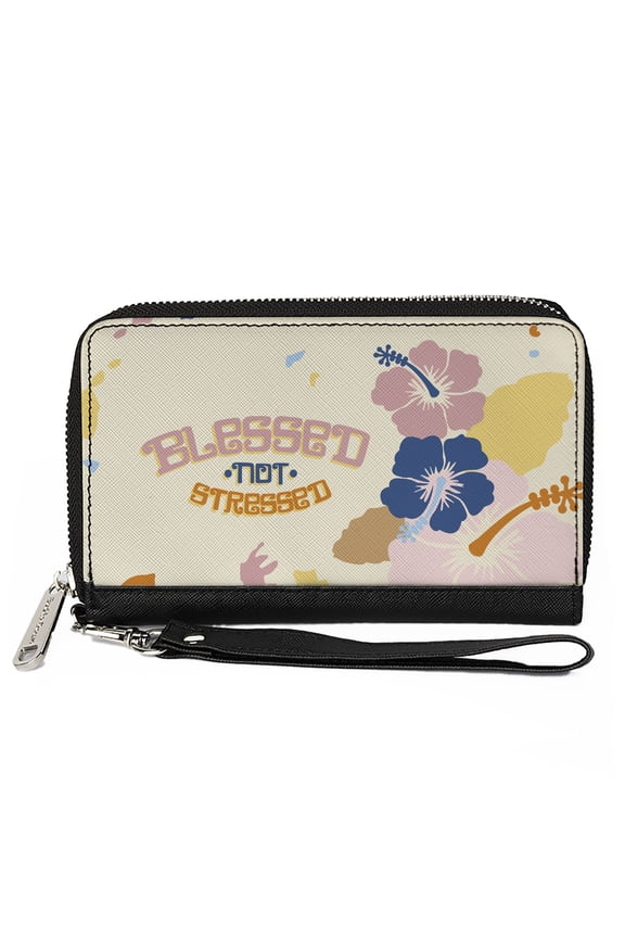 Wallet, Zip Around, Blessed not Stressed Quote Tropical Flowers Beige Multi Color, Vegan Leather