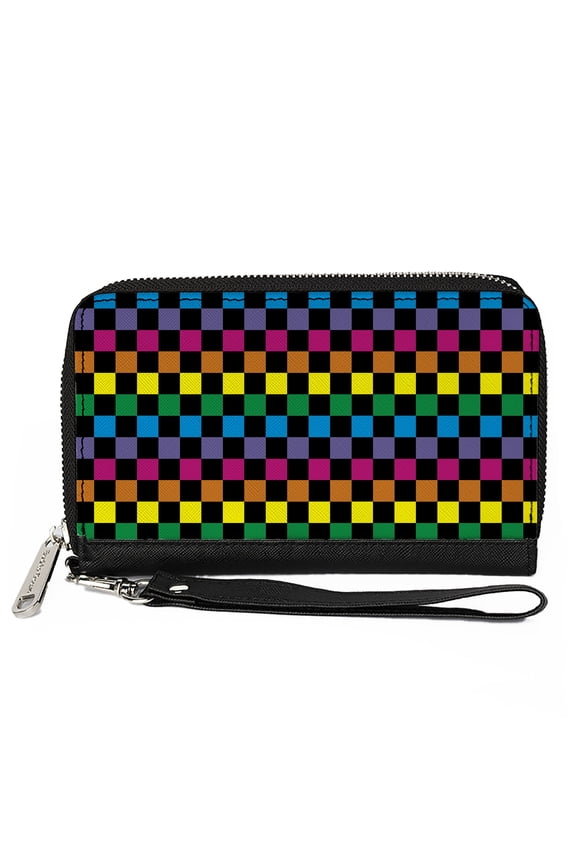 Wallet, Zip Around, Checker Black Neon Rainbow, Vegan Leather