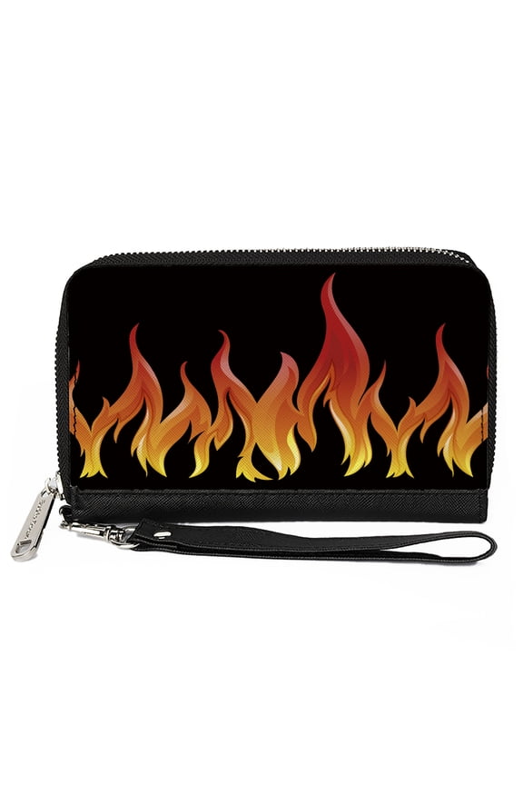Wallet, Zip Around, Flames Black Reds Orange Yellows, Vegan Leather