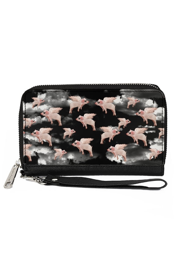 Wallet, Zip Around, Flying Pigs Black White Pink, Vegan Leather
