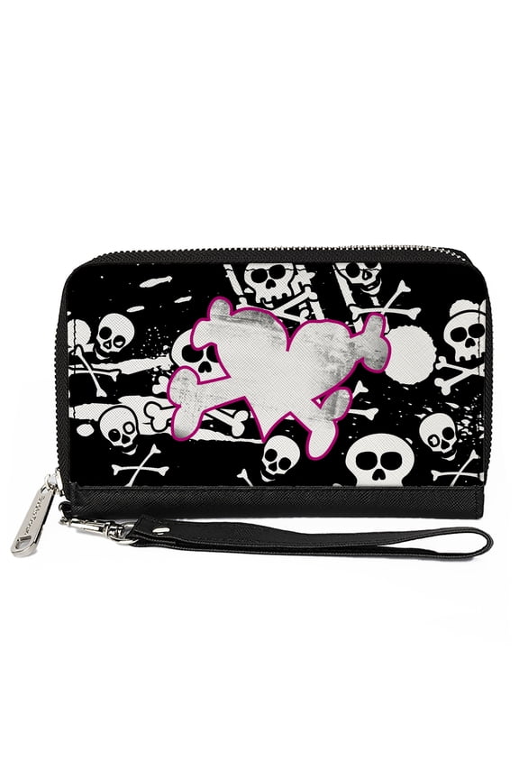 Wallet, Zip Around, Heart Cross Bones Skulls Splatter Black White, Vegan Leather