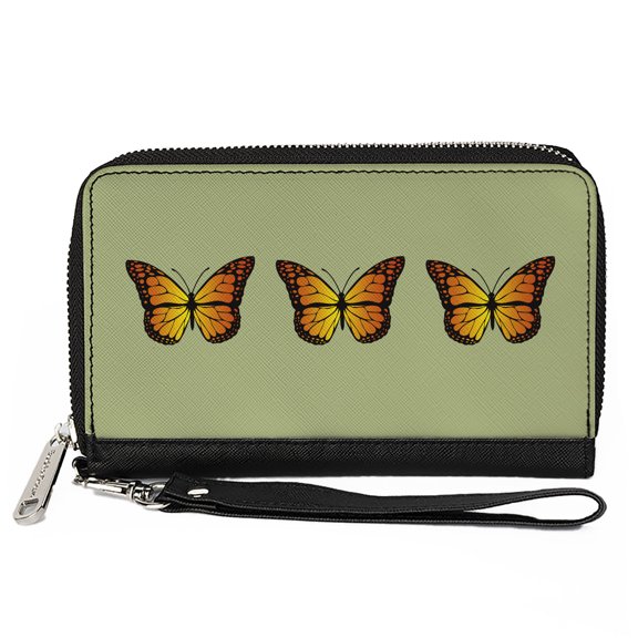 Buckle-Down Wallet, Zip Around, Monarch Butterfly Trio Olive Green, Vegan Leather