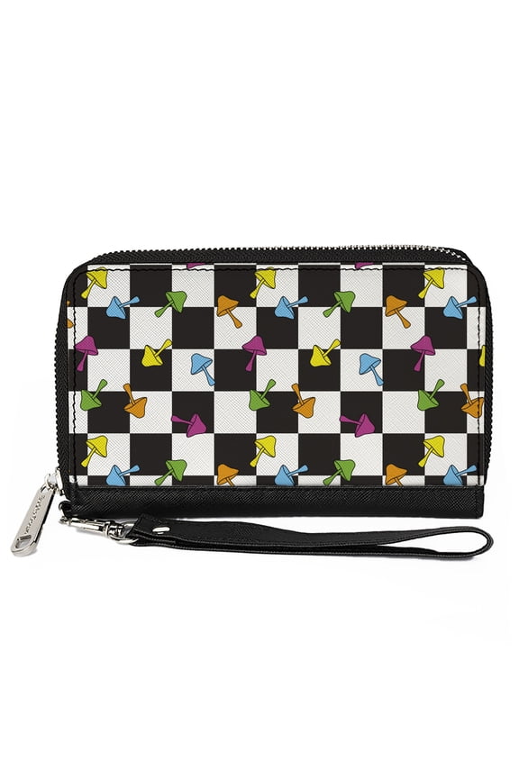 Wallet, Zip Around, Mushrooms Scattered Checker Black White Multi Neon, Vegan Leather