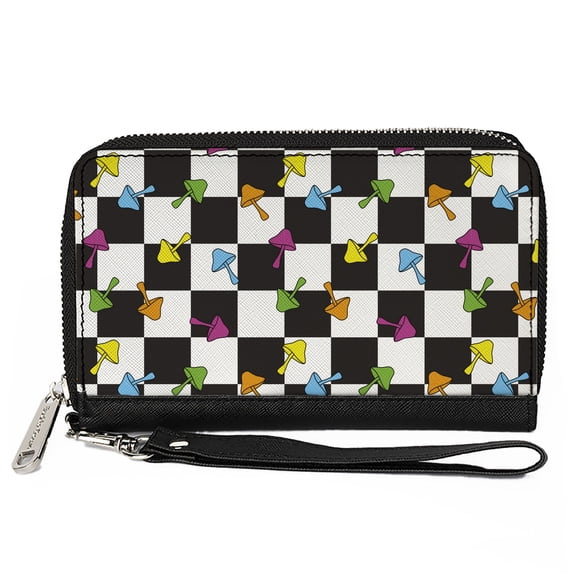 Buckle-Down Wallet, Zip Around, Mushrooms Scattered Checker Black White Multi Neon, Vegan Leather