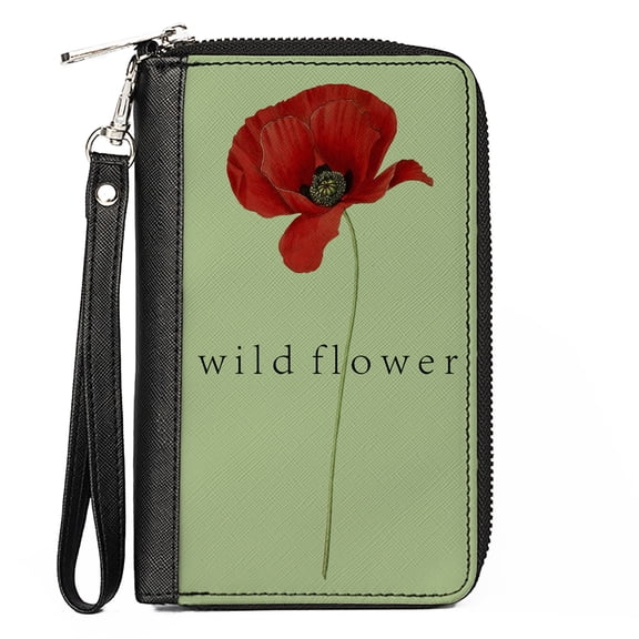 Buckle-Down Wallet, Zip Around, Poppy Flower Wild Flower Green Reds, Vegan Leather