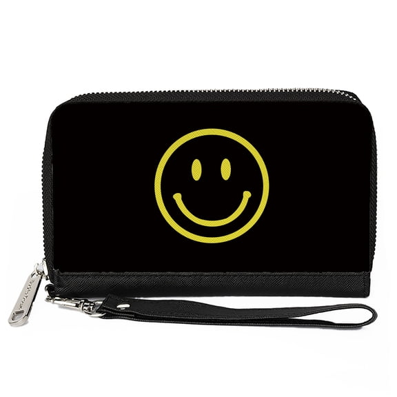 Buckle-Down Wallet, Zip Around, Smiley Face Black Yellow, Vegan Leather
