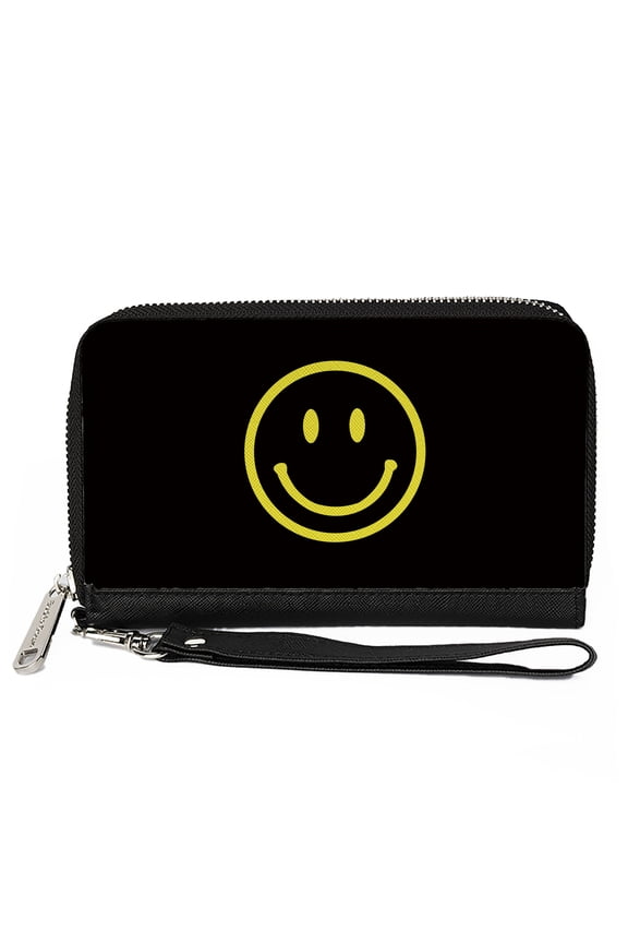 Wallet, Zip Around, Smiley Face Black Yellow, Vegan Leather