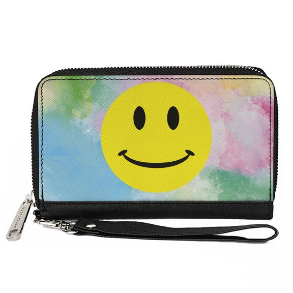 Buckle-Down Wallet, Zip Around, Smiley Face Tie Dye Blues Greens Pinks Yellows, Vegan Leather