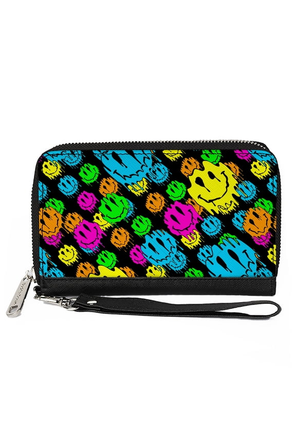 Wallet, Zip Around, Smiley Faces Melted Stacked Black Multi Neon, Vegan Leather