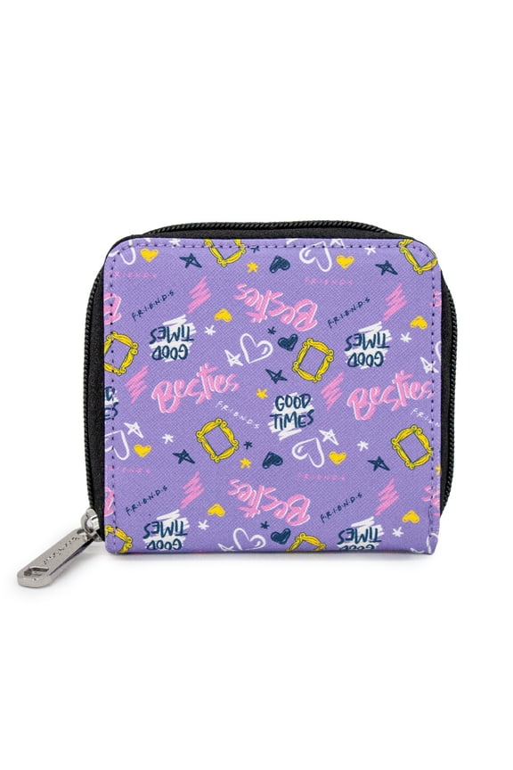 Friends Wallet, Square Zip Around, Friends Icons and Quotes Collage, Lavender, Vegan Leather