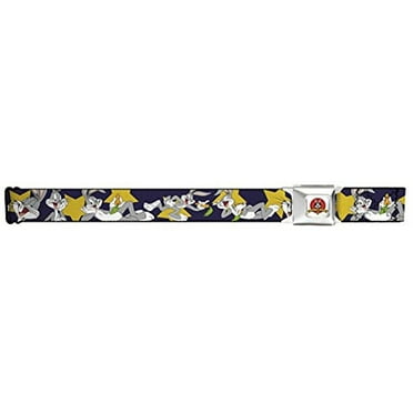 Looney Tunes Belt, Seatbelt Buckle Belt, Bugs Bunny Poses Stars Navy, 24 to 38 Inches