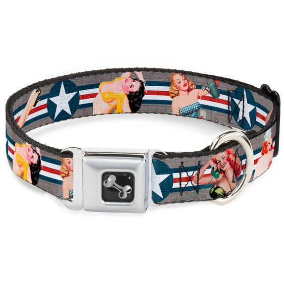 Buckle-Down Pet Collar, Dog Collar Metal Seatbelt Buckle, Pin Up Girl Poses Close Up Star Stripes Gray Blue White Red, 9.5 to 13 Inches 1.0 Inch Wide