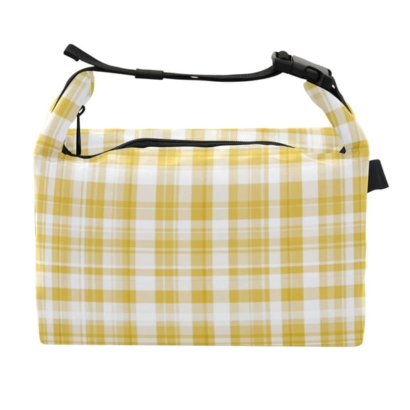 Buckle Handle Insulated Picnic Lunch Bag With Adjustable Strap 7L Capacity Yellow Gingham Pattern
