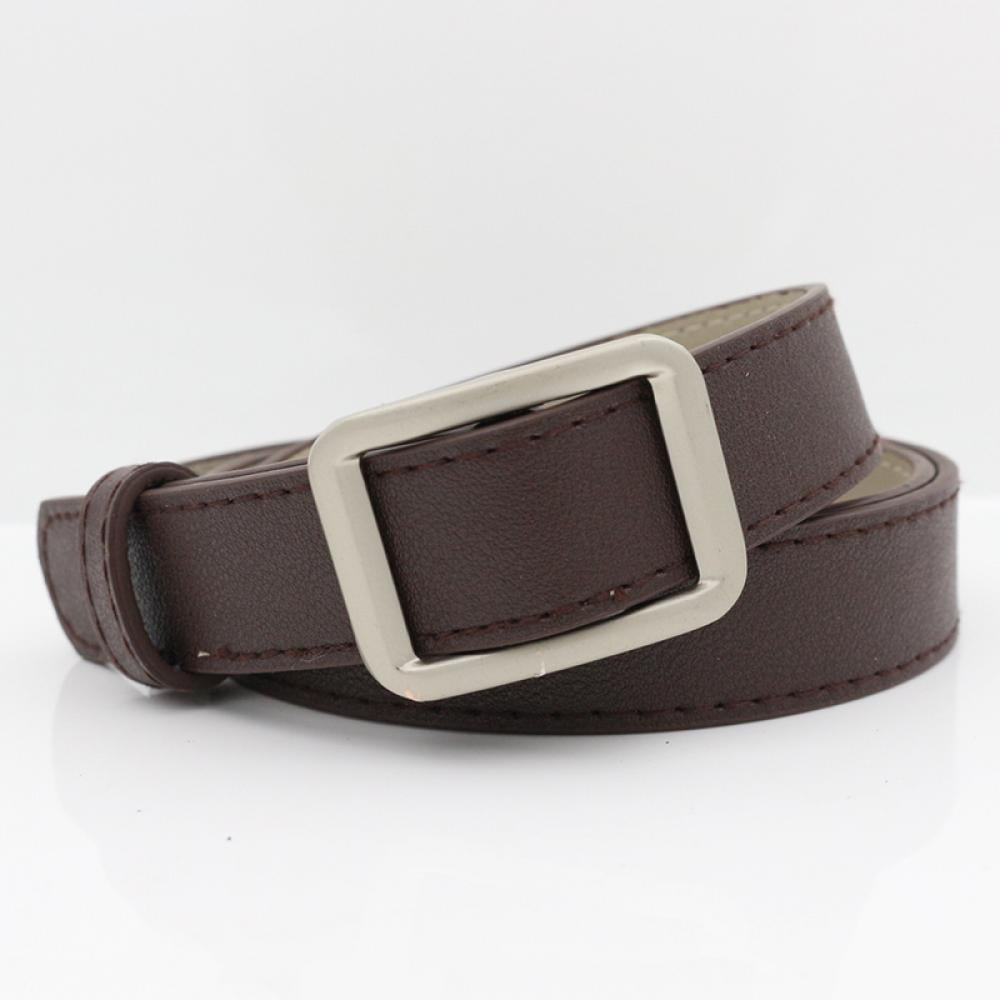 Women's PU Leather Belt With Square Metal Buckle, Solid Brown