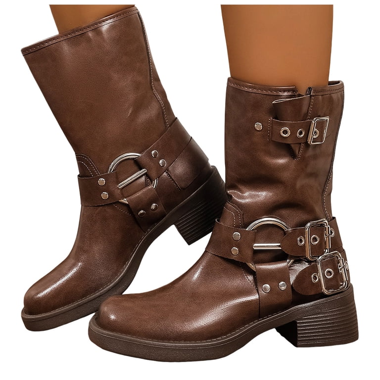 Buckle Mid Calf Motorcycle Riding Boots for Women Fashion  display picture 2