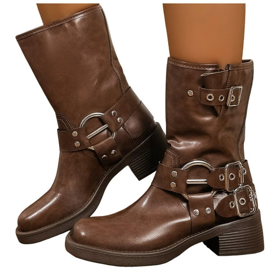 Buckle Mid Calf Motorcycle Riding Boots for Women Fashion Studded Punk Square Toe Wide Calf Cowboy Booties