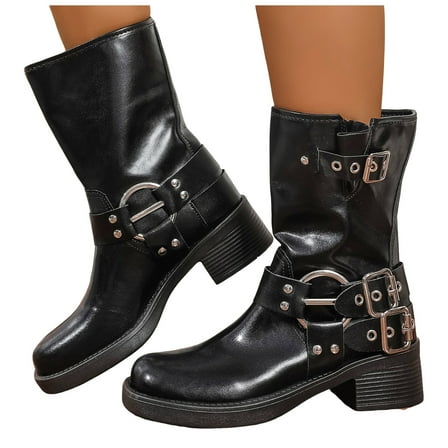 Buckle Mid Calf Motorcycle Riding Boots for Women Fashion Studded Punk Square Toe Wide Calf Cowboy Booties