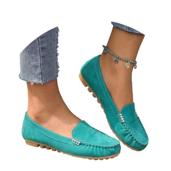 Buckle Round Toe Flat Loafers Flock Flexible Rubber Outfit All Season Walking Shoes