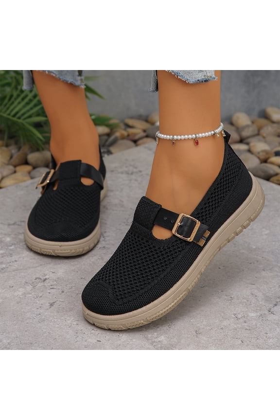 Buckle Strap Casual Flats, Breathable Knit Shoes, Wide Womens Slippers Adjustable House Shoes Indoor Outdoor Barefoot Slippers Cozy Walking Shoe Swollen Edema Diabetic Shoes, Black 6