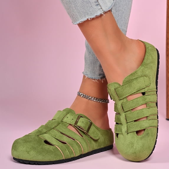 Buckle Strap Slide Sandals, Women's Cork Footbed Clogs Mules, Vintage Suede Leather Closed Toe Slide Sandals, Adjustable Buckle Slip-On Slippers for Summer Outdoor Indoor, Green US-5.5/EU-36
