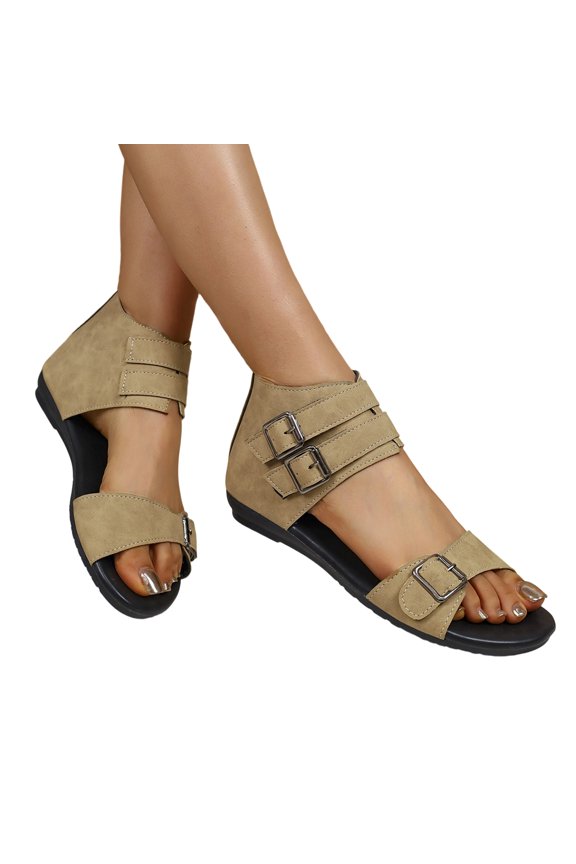 Buckle Strap Wedge Sandals, Women's Suede Chunky Heel High-Top Sandals Elegant Square Open Toe Adjustable Buckle Invisible Height Increasing Block Heel Roman Sandals for Summer Beach Travel, Khaki 5