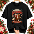 Santa Riding Poster Design Buckle Up Snowflake Holiday Trail Ahead Unisex Graphic T-Shirt, Cowboy ...