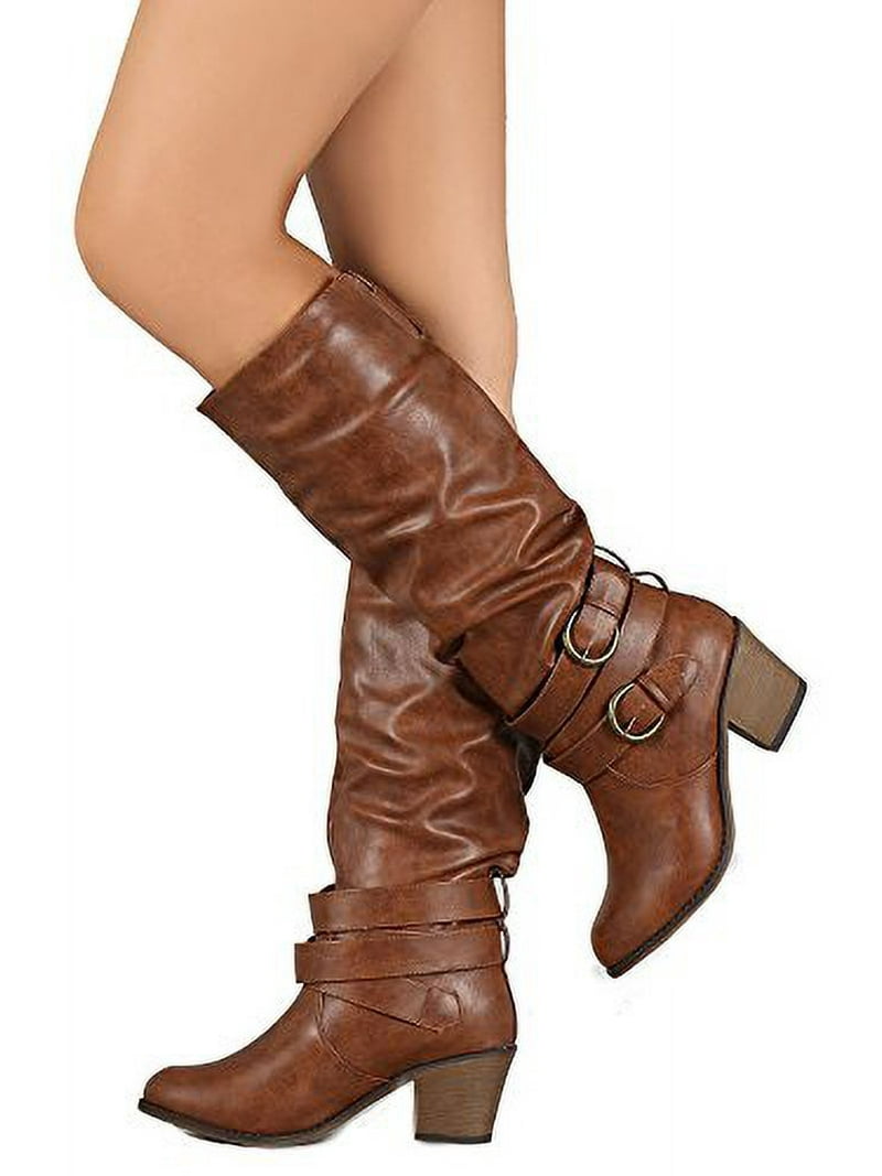 Buckled Chunky Heeled Slouchy Vegan Leather Knee High Boots