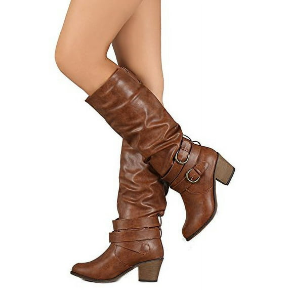 Buckled Chunky Heeled Slouchy Vegan Leather Knee High Boots (A-Tan)