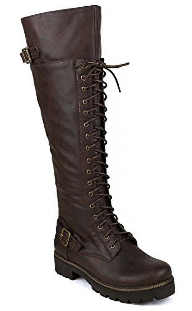 Buckle Combat Lace Up Lug Sole Knee High Vegan Leather Boots (A