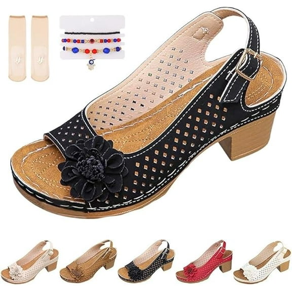 Buckled Square Heel Sandals for Women Dressy, Womens Low Slingback Peep Toe Chunky Heeled Dress Sandals Wedge Shoes(Black,11)
