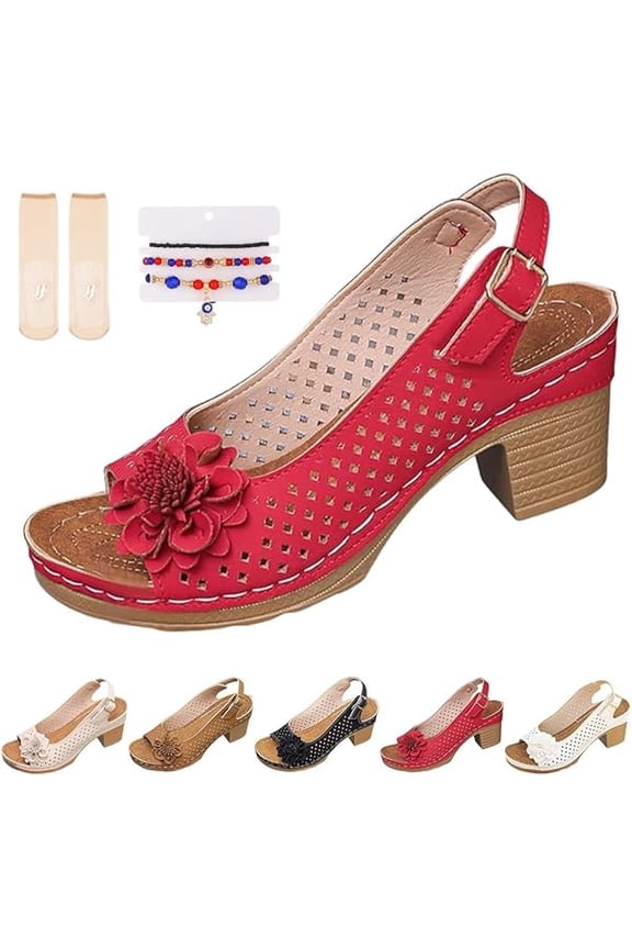 Buckled Square Heel Sandals for Women Dressy, Womens Low Slingback Peep Toe Chunky Heeled Dress Sandals Wedge Shoes(Red,8)
