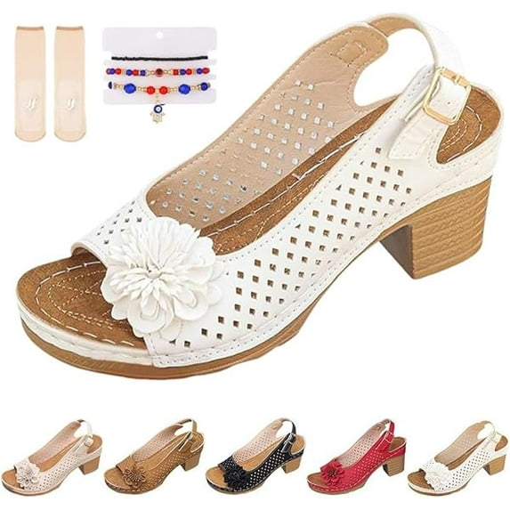 Buckled Square Heel Sandals for Women Dressy, Womens Low Slingback Peep Toe Chunky Heeled Dress Sandals Wedge Shoes(White,6)
