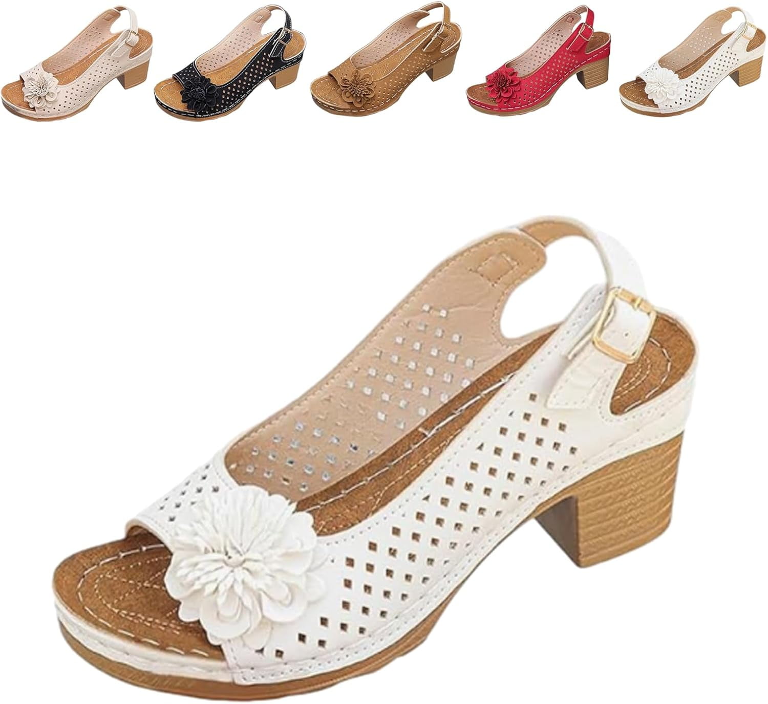 Buckled Square Heel Sandals for Women, Women's Low Slingback Peep Toe ...