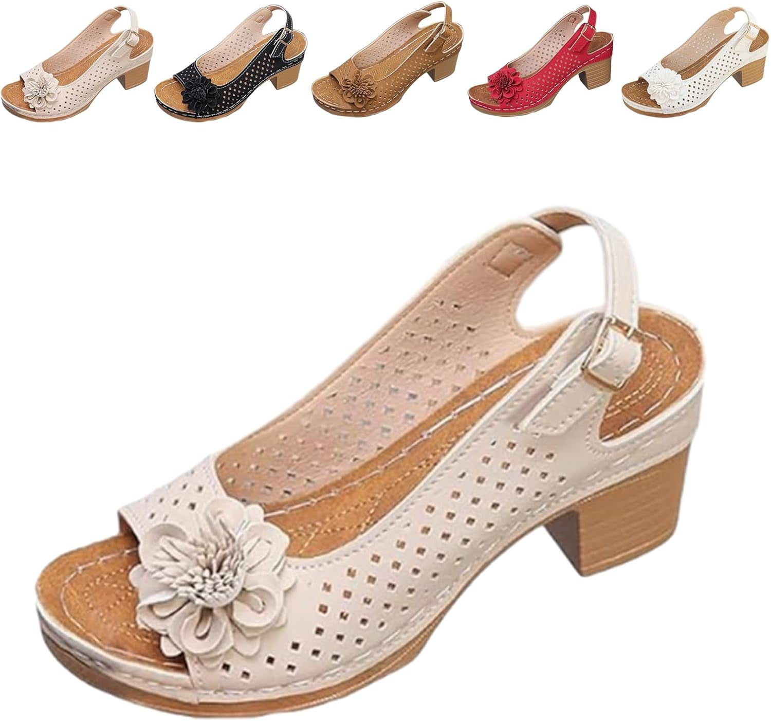 Buckled Square Heel Sandals for Women, Women's Low Slingback Peep Toe ...
