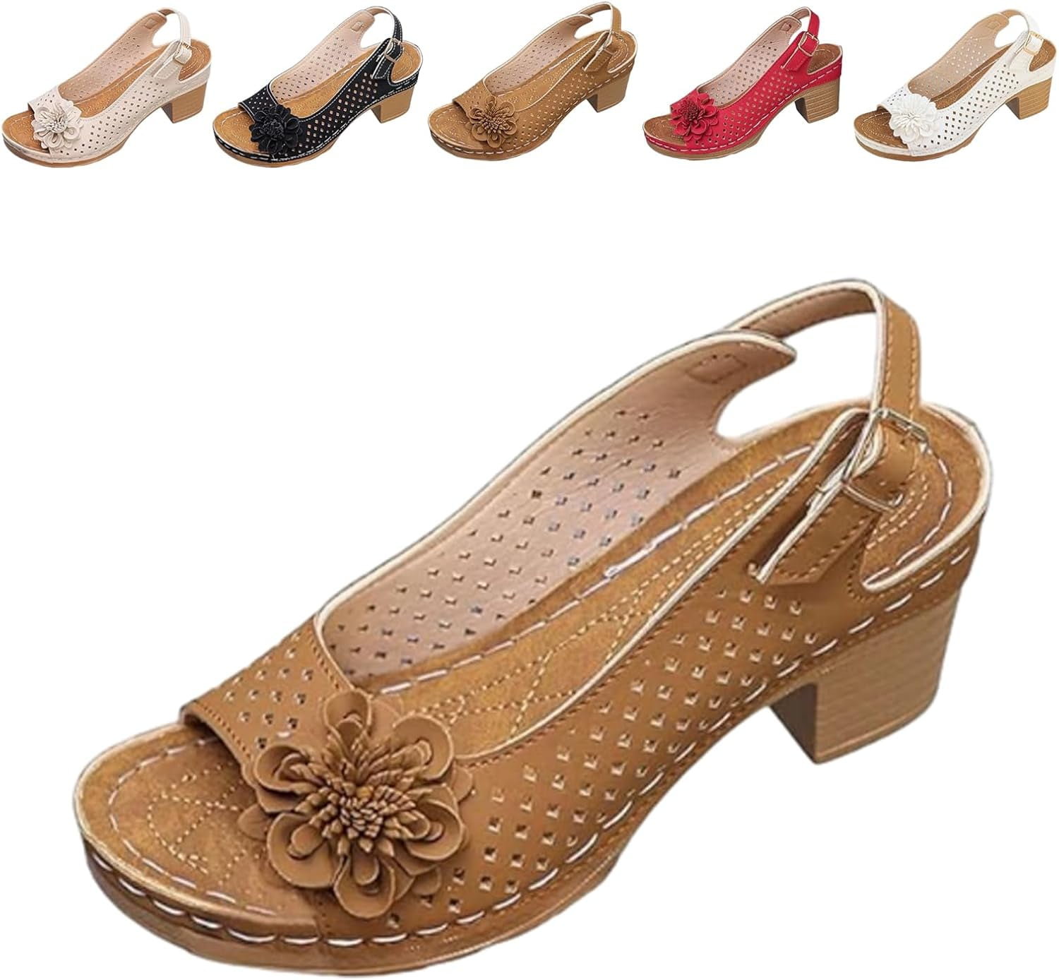 Buckled Square Heel Sandals for Women, Women's Low Slingback Peep Toe ...