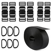 Buckles Strap 1 Inch: Nylon Webbing Straps 6 Yards, Quick Side Release Plastic Buckles Dual Adjustable 6 Pack, Tri-Glide Slide Clip 12 PCS, Metal D Rings 6 PCS, Heavy Duty, Black