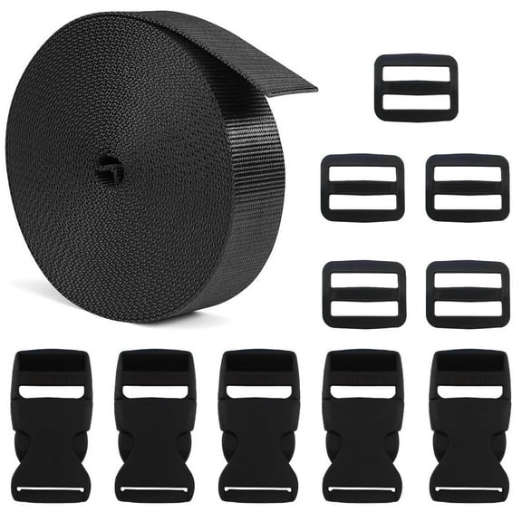 Buckles and Straps Set, 1-Inch Combo Set with 4.4 Yards of Thick Nylon Webbing, 5-Pack Heavy Duty Adjustable Quick Side Release Plastic Buckles