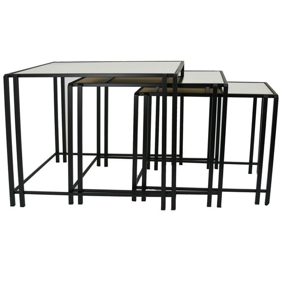 Buckley Nesting Plant Stand Table Set of 2, Black Metal, Mirrored Top