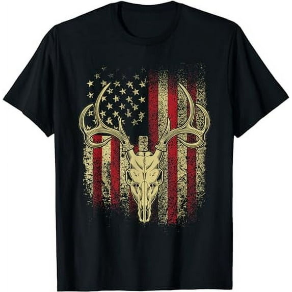Bucks Antlers and Skull on an American Flag Deer Hunters T-Shirt