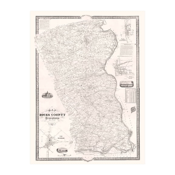 Bucks County Pennsylvania Art, 1850 Vintage Map of Bucks County PA History Wall Decor Gift, Old Bucks County PA Map - 24" x 36" Unframed Print