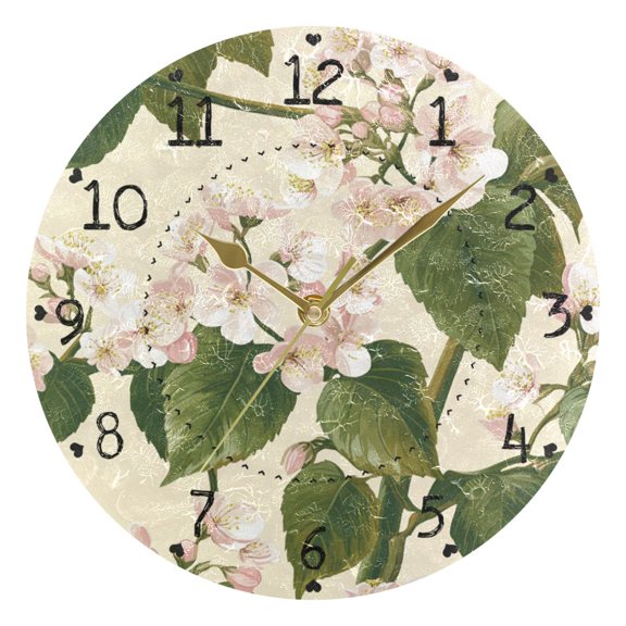 Buckwheat Flowers Leaves Round Wall Clock Silent Analog Battery Operated Gold Pointer Home Decor 9.84" Diameter