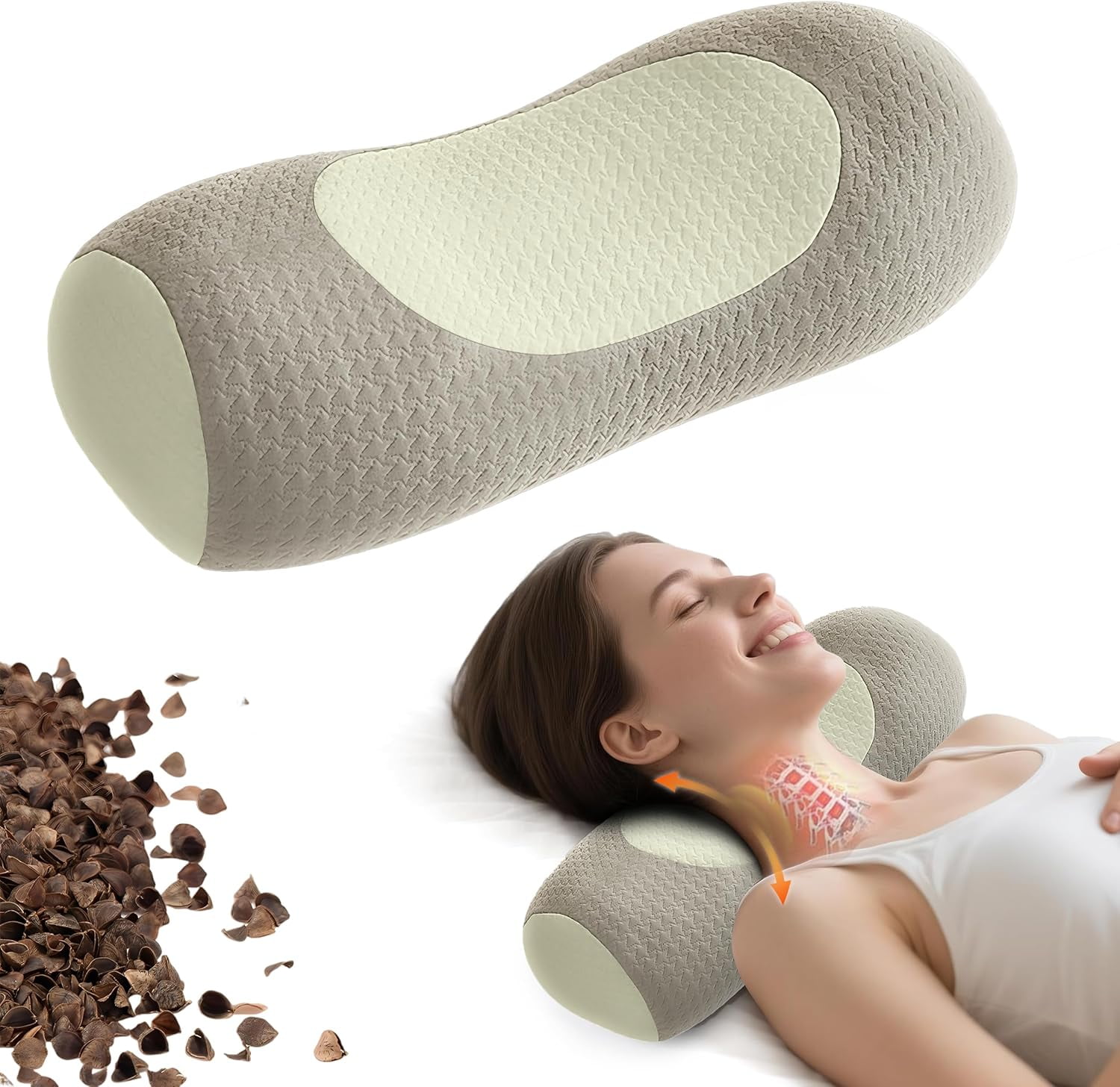Buckwheat Pillow,Organic Buckwheat Cervical Neck Pillow, 16.1"x6.3",Adjustable Ergonomic Support for Sleeping, Neck Pain Relief and Spinal Alignment for Side and Back Sleepers