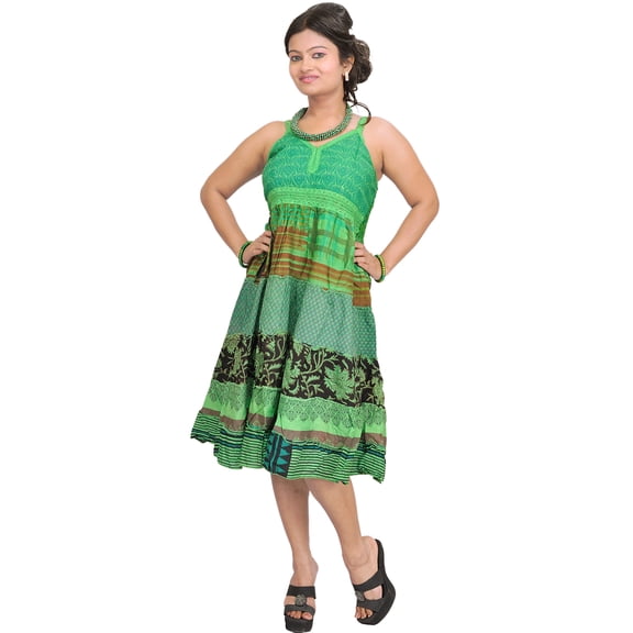 Bud-Green Printed Barbie Dress with Patchwork